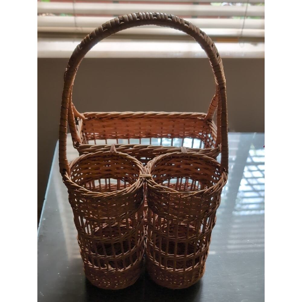 Vintage Woven Rattan Wine Bottle Carrier Basket - Natural Brown